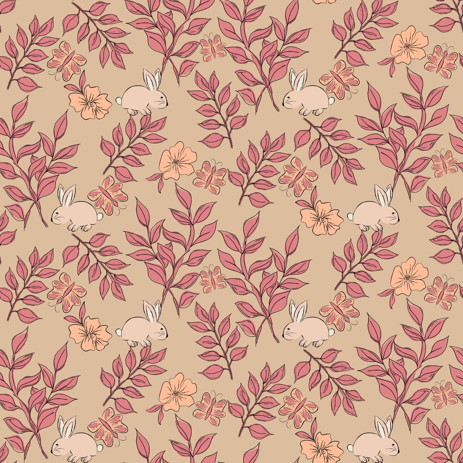 Bunnies and Butterflies in Peach Fuzz - Jasmine Goodwin Designs
